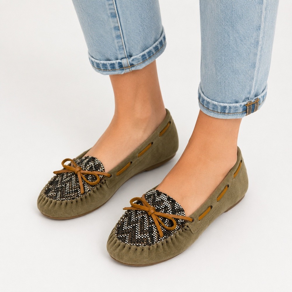 Lucky Brand Womens Olive Green Suede Chevron Moccasin Loafers‎ Size 8